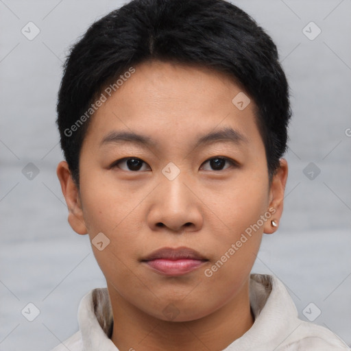 Neutral asian young-adult male with short  brown hair and brown eyes