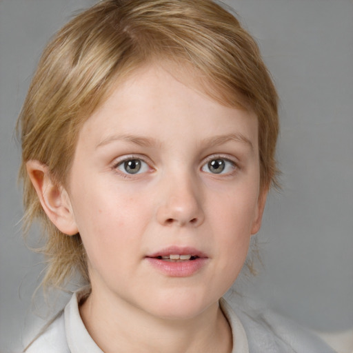 Neutral white child female with medium  brown hair and blue eyes