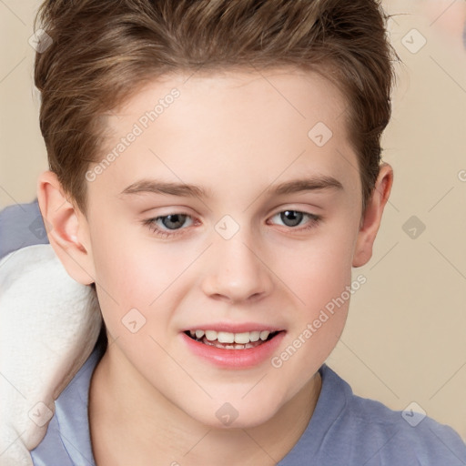 Joyful white child female with short  brown hair and brown eyes