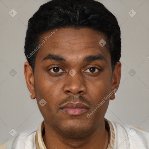 Neutral black young-adult male with short  black hair and brown eyes
