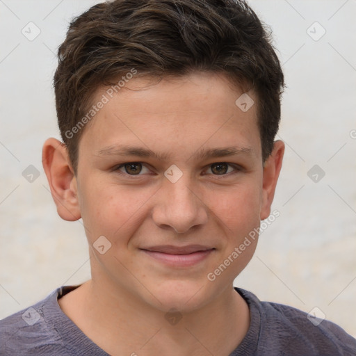 Joyful white child male with short  brown hair and brown eyes