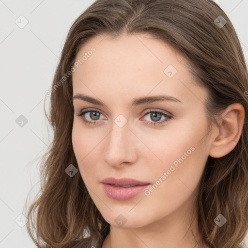 Neutral white young-adult female with long  brown hair and grey eyes