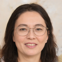 Joyful white adult female with long  brown hair and brown eyes