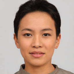 Joyful asian young-adult female with short  black hair and brown eyes