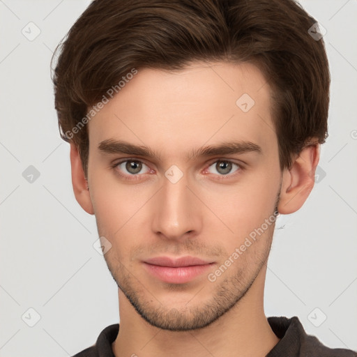 Neutral white young-adult male with short  brown hair and brown eyes