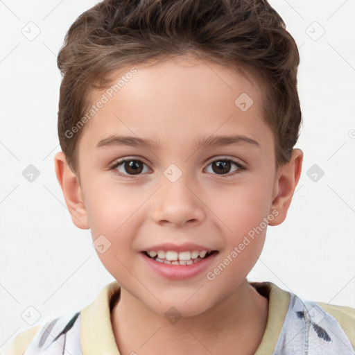 Joyful white child male with short  brown hair and brown eyes