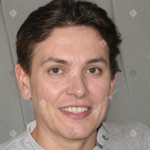 Joyful white adult female with short  brown hair and brown eyes