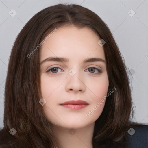 Neutral white young-adult female with long  brown hair and brown eyes