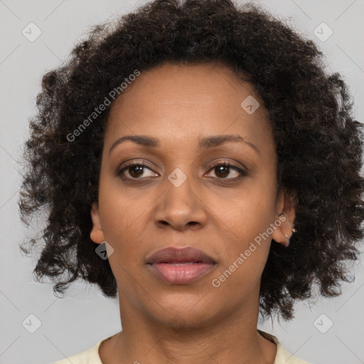 Joyful black adult female with short  brown hair and brown eyes