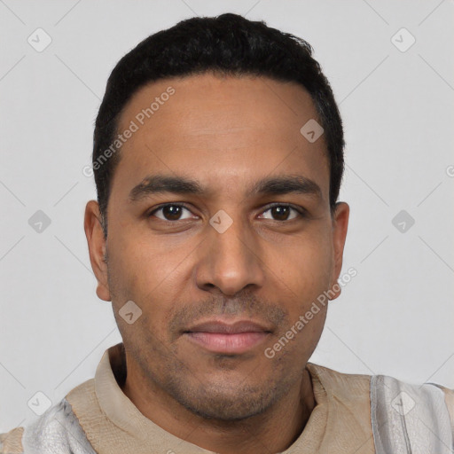 Neutral latino young-adult male with short  black hair and brown eyes