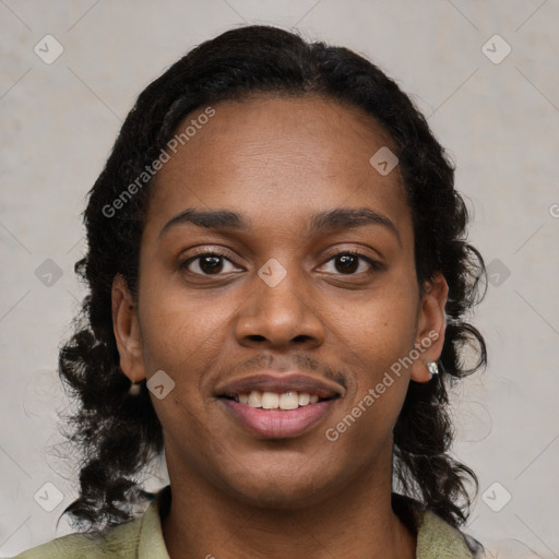 Joyful black young-adult female with medium  black hair and brown eyes