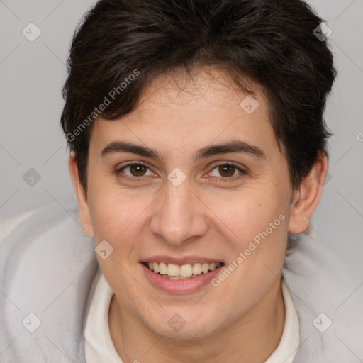 Joyful white young-adult female with short  brown hair and brown eyes