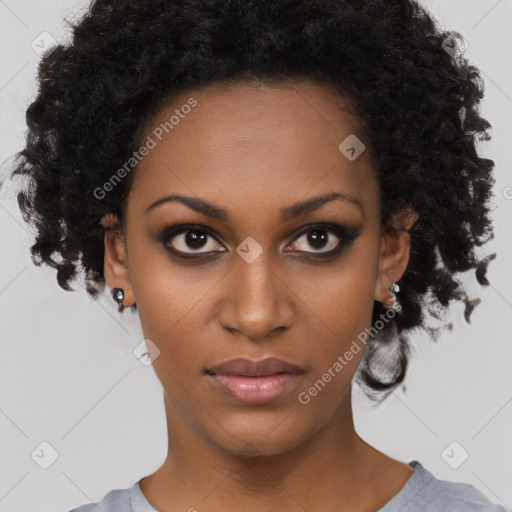 Neutral black young-adult female with short  black hair and brown eyes