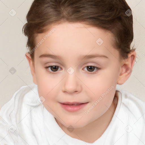 Joyful white child female with short  brown hair and brown eyes