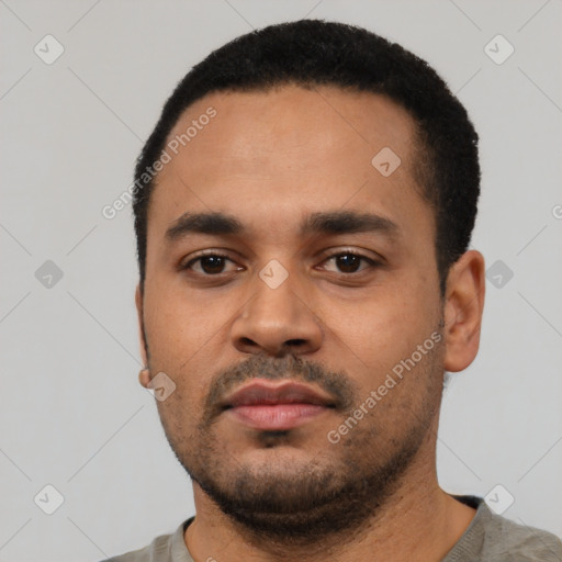 Neutral latino young-adult male with short  black hair and brown eyes