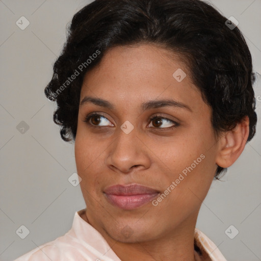 Joyful white adult female with short  brown hair and brown eyes