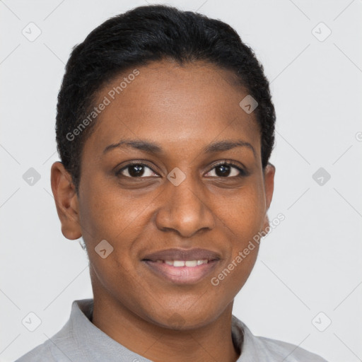 Joyful black young-adult female with short  black hair and brown eyes
