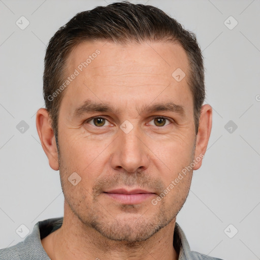 Neutral white adult male with short  brown hair and brown eyes