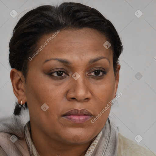 Joyful latino adult female with short  brown hair and brown eyes