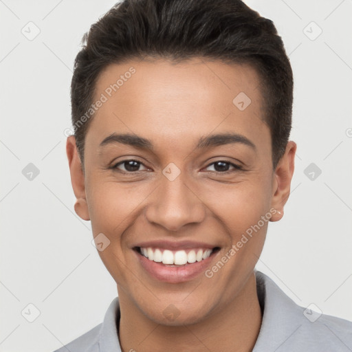 Joyful white young-adult female with short  brown hair and brown eyes