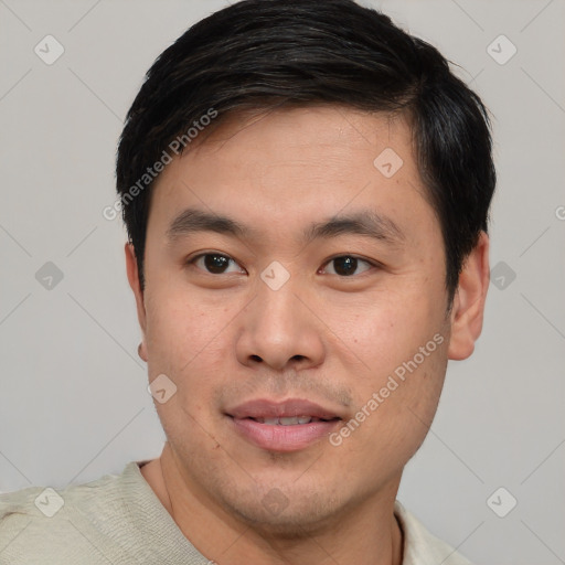 Neutral asian young-adult male with short  black hair and brown eyes