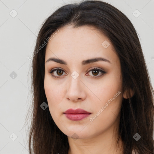 Neutral white young-adult female with long  brown hair and brown eyes