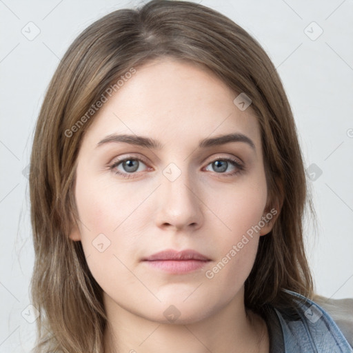 Neutral white young-adult female with long  brown hair and grey eyes