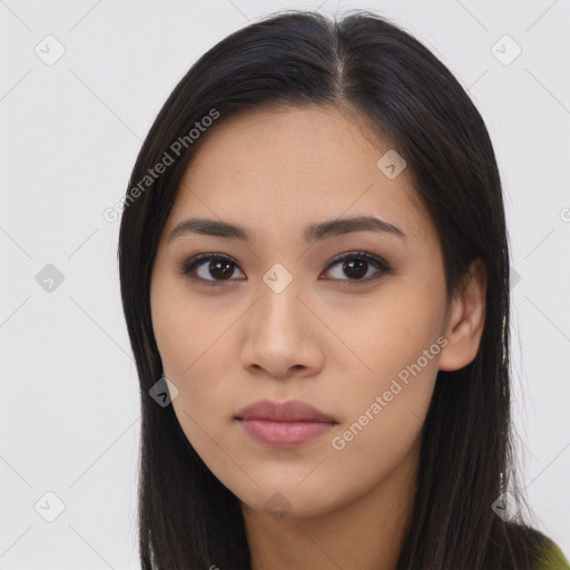 Neutral asian young-adult female with long  brown hair and brown eyes