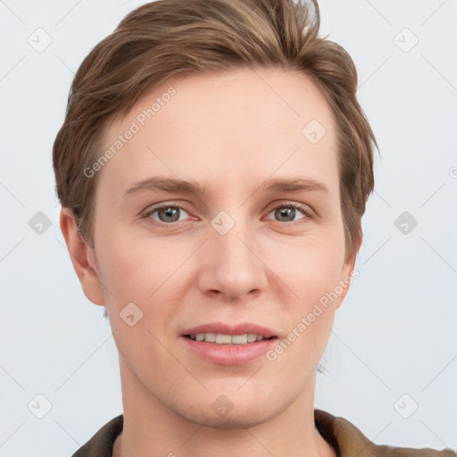 Joyful white young-adult female with short  brown hair and grey eyes