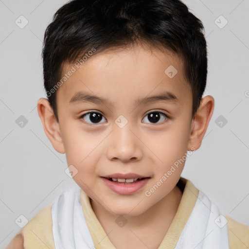 Joyful white child male with short  brown hair and brown eyes