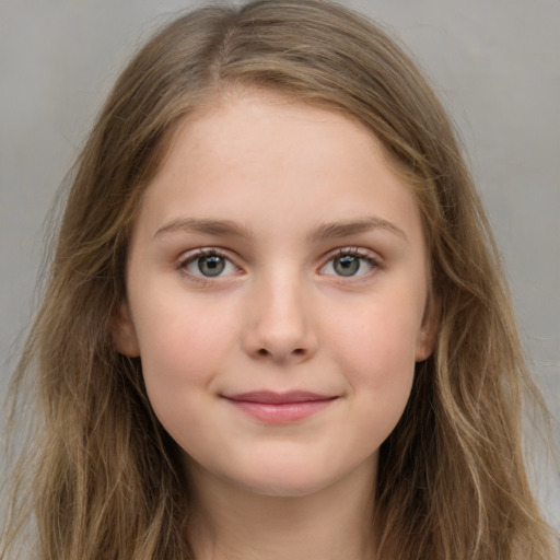 Joyful white young-adult female with long  brown hair and green eyes