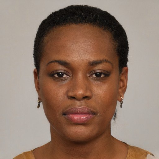 Neutral black young-adult female with short  black hair and brown eyes