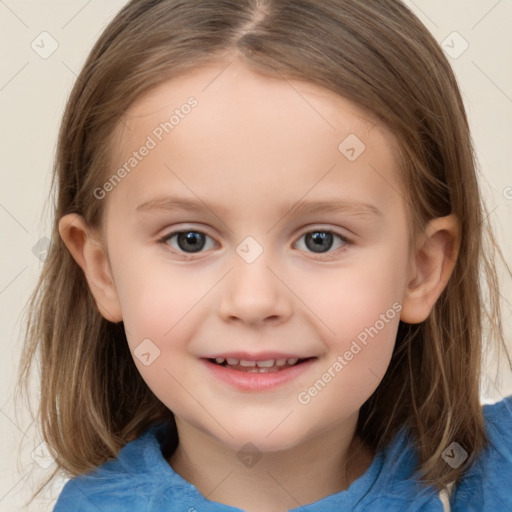 Joyful white child female with medium  brown hair and brown eyes