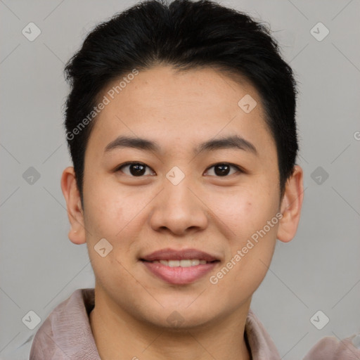 Joyful asian young-adult male with short  brown hair and brown eyes