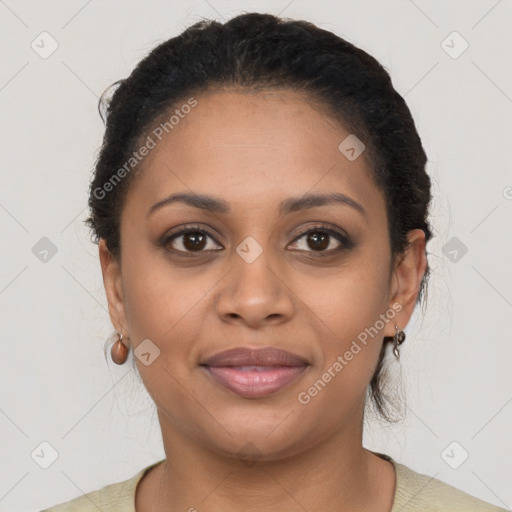 Joyful latino young-adult female with short  brown hair and brown eyes