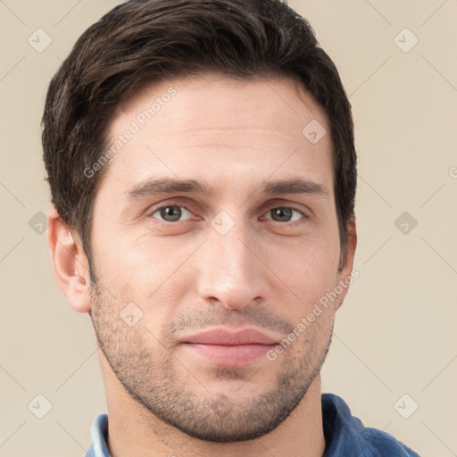 Neutral white young-adult male with short  brown hair and brown eyes