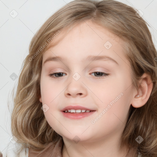 Joyful white child female with medium  brown hair and brown eyes