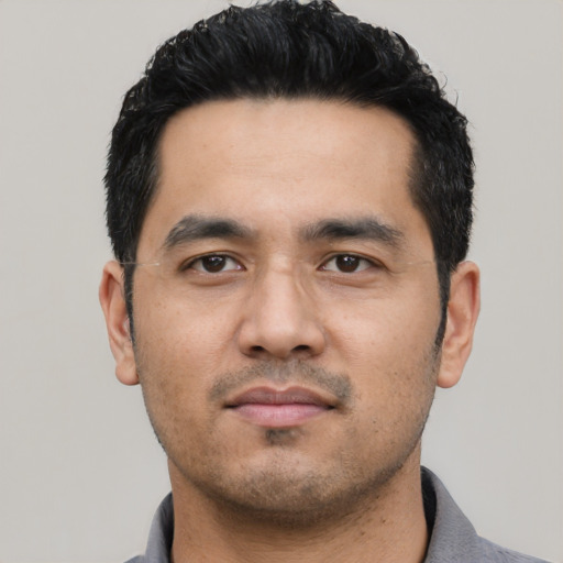 Neutral asian young-adult male with short  black hair and brown eyes