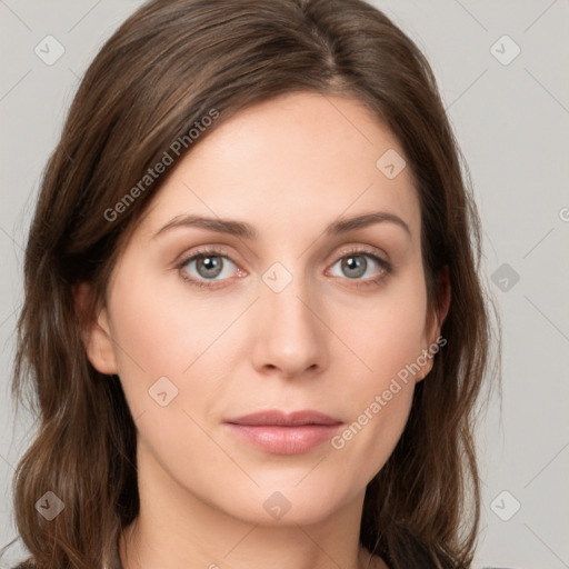 Neutral white young-adult female with medium  brown hair and grey eyes