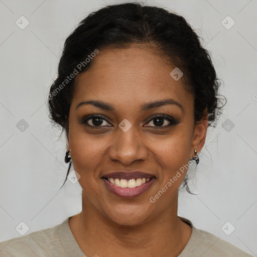 Joyful black young-adult female with medium  black hair and brown eyes