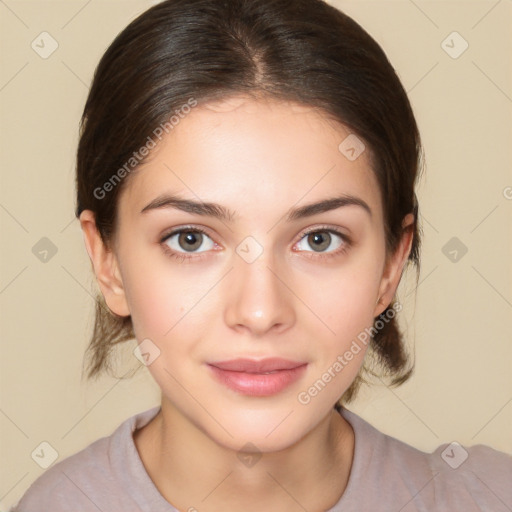 Neutral white young-adult female with medium  brown hair and brown eyes