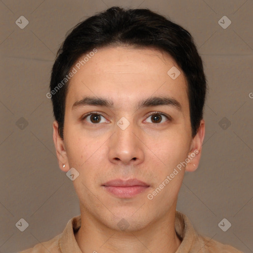 Neutral white young-adult male with short  brown hair and brown eyes