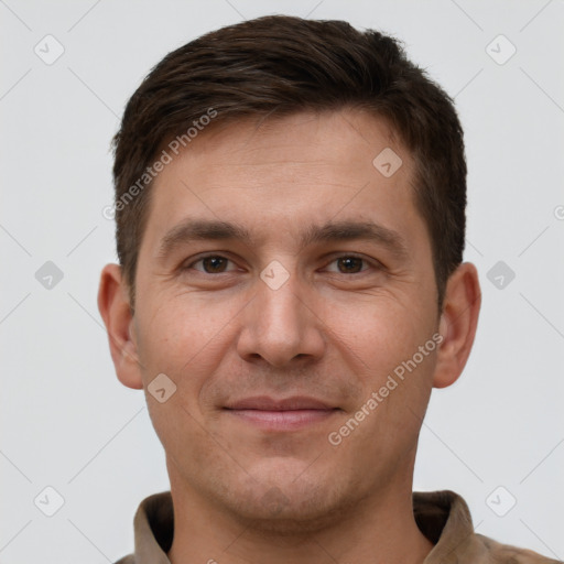 Joyful white young-adult male with short  brown hair and brown eyes