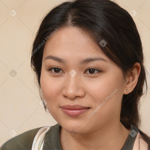 Joyful white young-adult female with medium  brown hair and brown eyes