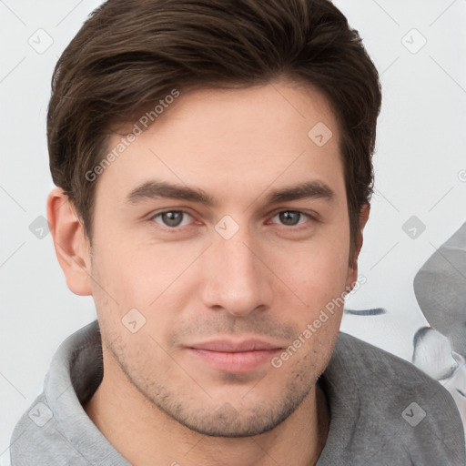 Neutral white young-adult male with short  brown hair and brown eyes