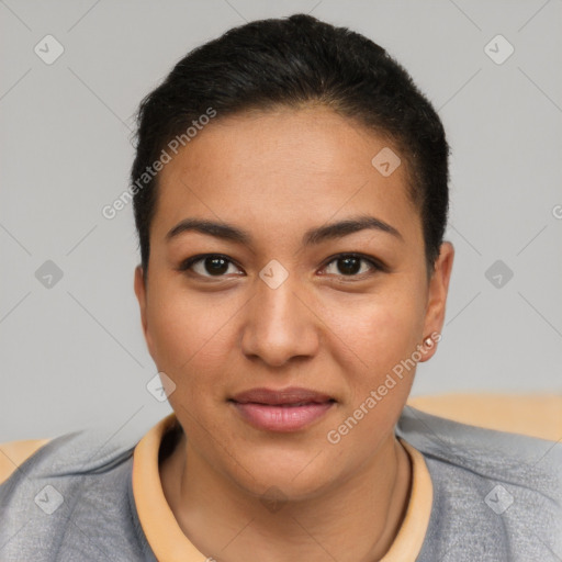 Joyful asian young-adult female with short  brown hair and brown eyes