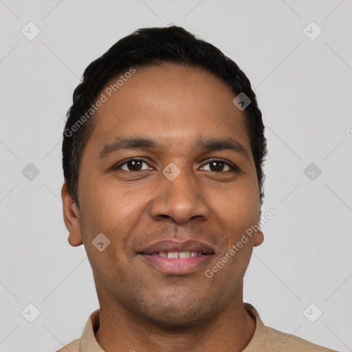 Joyful latino young-adult male with short  black hair and brown eyes