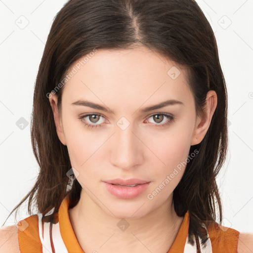 Neutral white young-adult female with medium  brown hair and brown eyes