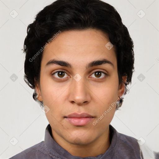 Neutral latino young-adult female with short  brown hair and brown eyes