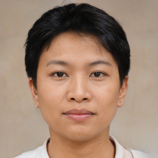 Neutral asian young-adult female with short  black hair and brown eyes